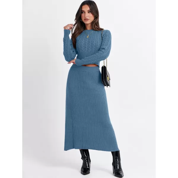 imageANRABESS Womens Casual Two Piece Outfits Dress Long Sleeve Cable Sweater Top and Ribbed ALine Maxi Skirt SetsBlue