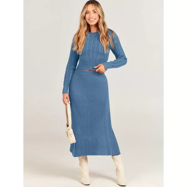 imageANRABESS Womens Casual Two Piece Outfits Dress Long Sleeve Cable Sweater Top and Ribbed ALine Maxi Skirt SetsBlue