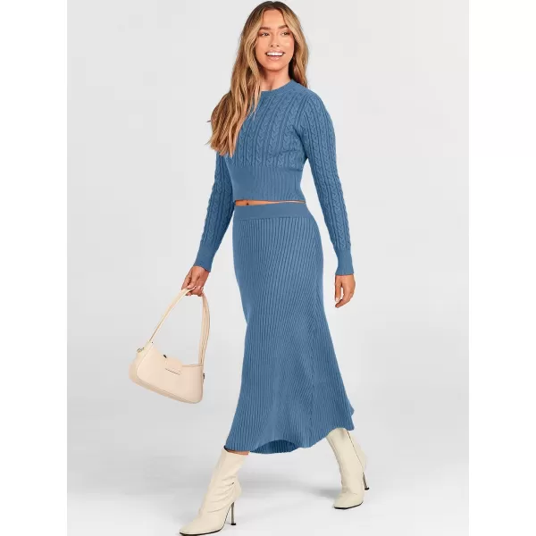 imageANRABESS Womens Casual Two Piece Outfits Dress Long Sleeve Cable Sweater Top and Ribbed ALine Maxi Skirt SetsBlue