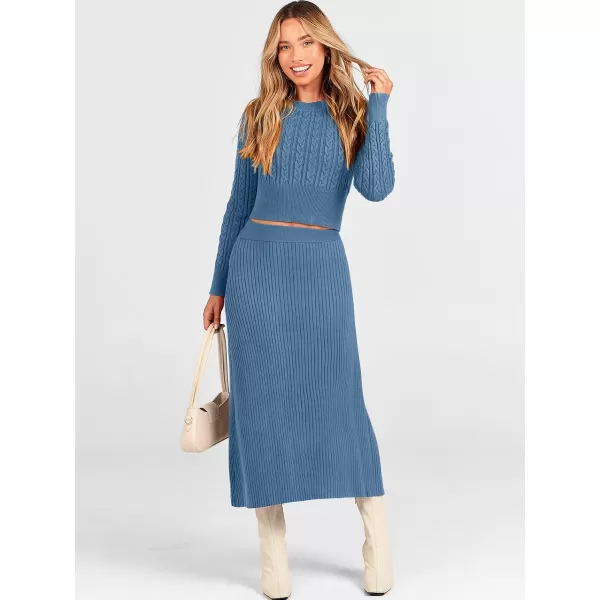 imageANRABESS Womens Casual Two Piece Outfits Dress Long Sleeve Cable Sweater Top and Ribbed ALine Maxi Skirt SetsBlue
