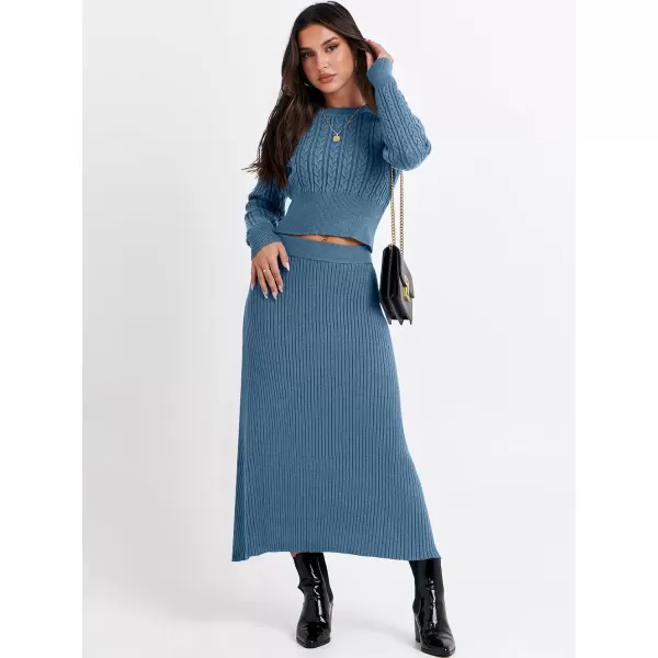 imageANRABESS Womens Casual Two Piece Outfits Dress Long Sleeve Cable Sweater Top and Ribbed ALine Maxi Skirt SetsBlue