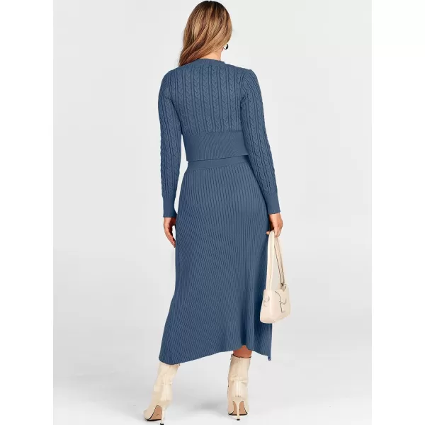 imageANRABESS Womens Casual Two Piece Outfits Dress Long Sleeve Cable Sweater Top and Ribbed ALine Maxi Skirt SetsDusty Blue