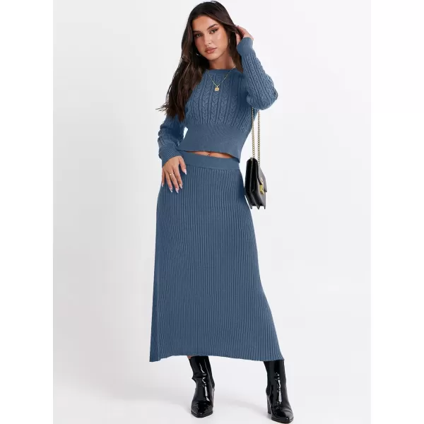 imageANRABESS Womens Casual Two Piece Outfits Dress Long Sleeve Cable Sweater Top and Ribbed ALine Maxi Skirt SetsDusty Blue