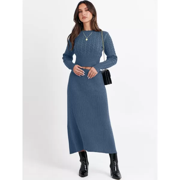 imageANRABESS Womens Casual Two Piece Outfits Dress Long Sleeve Cable Sweater Top and Ribbed ALine Maxi Skirt SetsDusty Blue