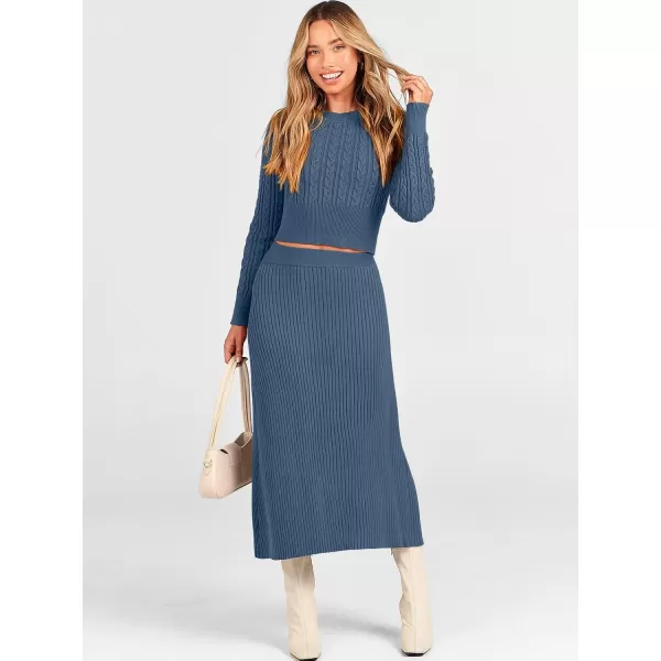 imageANRABESS Womens Casual Two Piece Outfits Dress Long Sleeve Cable Sweater Top and Ribbed ALine Maxi Skirt SetsDusty Blue