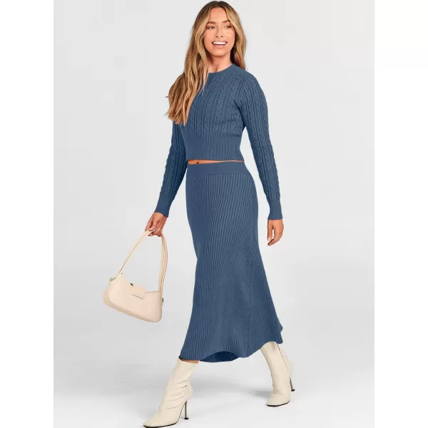 imageANRABESS Womens Casual Two Piece Outfits Dress Long Sleeve Cable Sweater Top and Ribbed ALine Maxi Skirt SetsDusty Blue