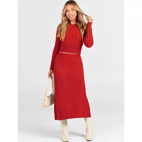 imageANRABESS Womens Casual Two Piece Outfits Dress Long Sleeve Cable Sweater Top and Ribbed ALine Maxi Skirt SetsRed