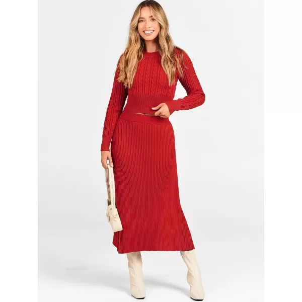 imageANRABESS Womens Casual Two Piece Outfits Dress Long Sleeve Cable Sweater Top and Ribbed ALine Maxi Skirt SetsRed