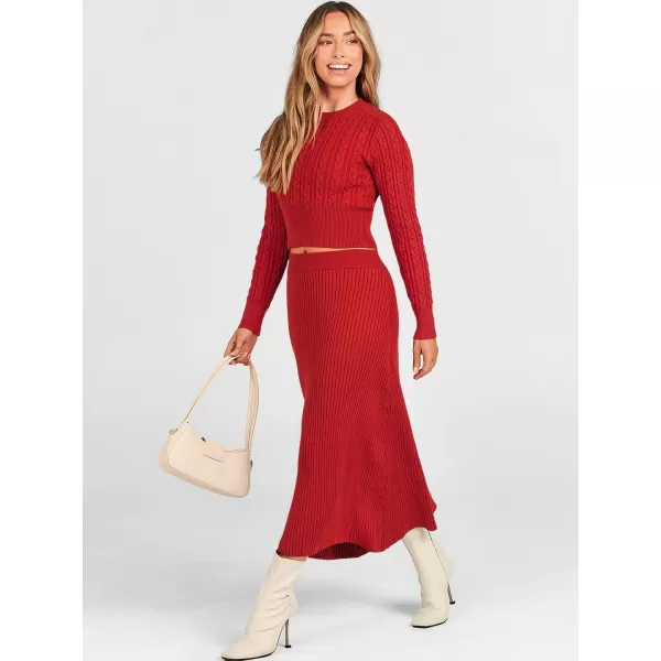 imageANRABESS Womens Casual Two Piece Outfits Dress Long Sleeve Cable Sweater Top and Ribbed ALine Maxi Skirt SetsRed