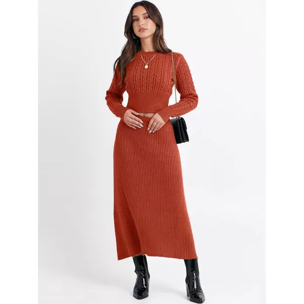 imageANRABESS Womens Casual Two Piece Outfits Dress Long Sleeve Cable Sweater Top and Ribbed ALine Maxi Skirt SetsRust