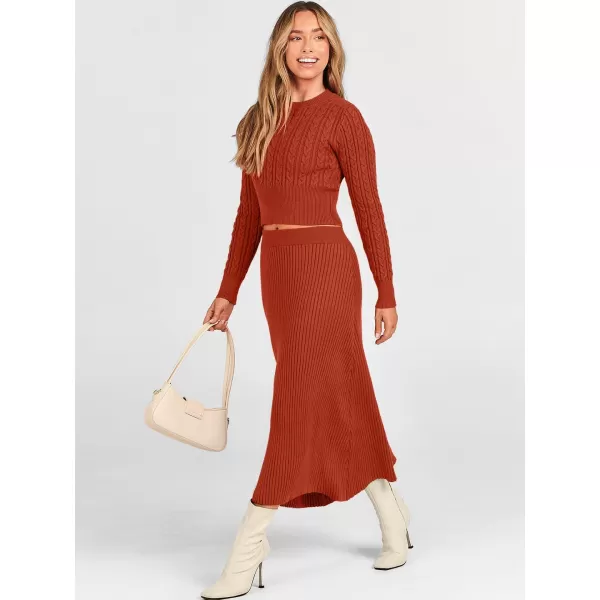 imageANRABESS Womens Casual Two Piece Outfits Dress Long Sleeve Cable Sweater Top and Ribbed ALine Maxi Skirt SetsRust