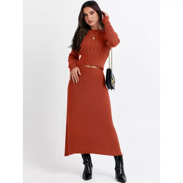 imageANRABESS Womens Casual Two Piece Outfits Dress Long Sleeve Cable Sweater Top and Ribbed ALine Maxi Skirt SetsRust
