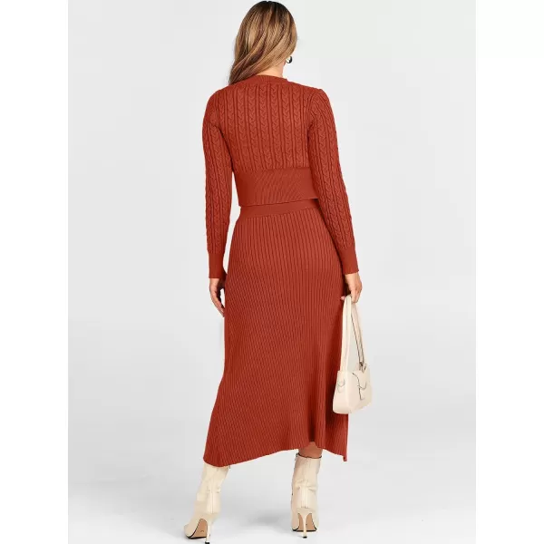 imageANRABESS Womens Casual Two Piece Outfits Dress Long Sleeve Cable Sweater Top and Ribbed ALine Maxi Skirt SetsRust