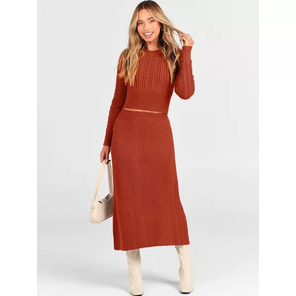 imageANRABESS Womens Casual Two Piece Outfits Dress Long Sleeve Cable Sweater Top and Ribbed ALine Maxi Skirt SetsRust