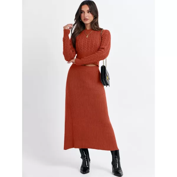 imageANRABESS Womens Casual Two Piece Outfits Dress Long Sleeve Cable Sweater Top and Ribbed ALine Maxi Skirt SetsRust