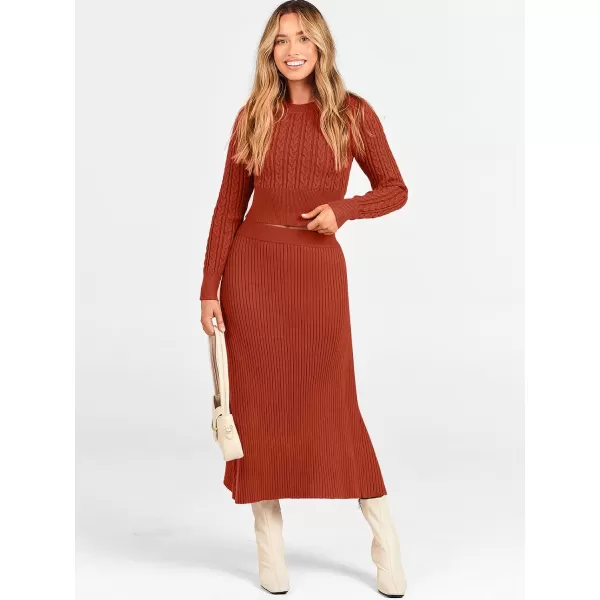 imageANRABESS Womens Casual Two Piece Outfits Dress Long Sleeve Cable Sweater Top and Ribbed ALine Maxi Skirt SetsRust
