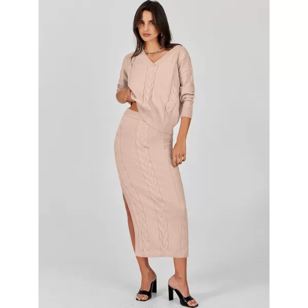imageANRABESS Womens Casual Two Piece Outfits Long Sleeve Cable Knit Top and Bodycon Maxi Skirt Pullover Sweater SetsApricot