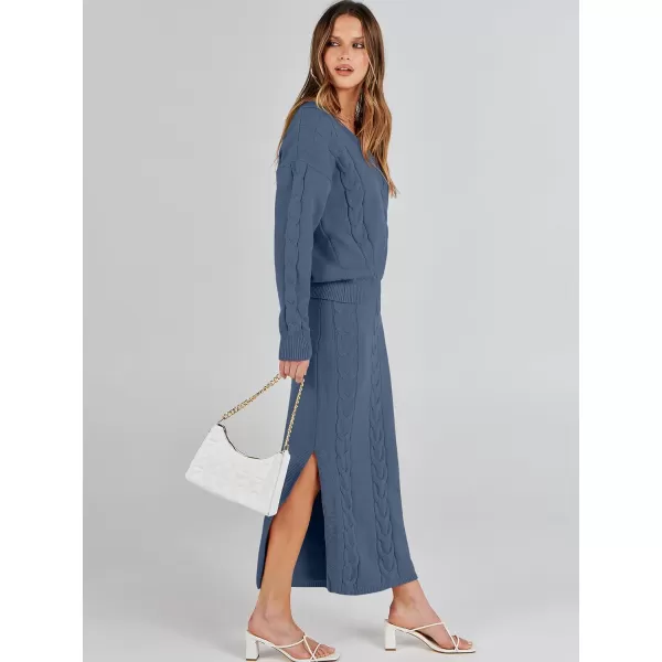 imageANRABESS Womens Casual Two Piece Outfits Long Sleeve Cable Knit Top and Bodycon Maxi Skirt Pullover Sweater SetsBlue