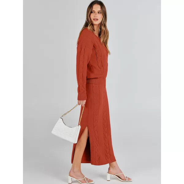 imageANRABESS Womens Casual Two Piece Outfits Long Sleeve Cable Knit Top and Bodycon Maxi Skirt Pullover Sweater SetsRust Red