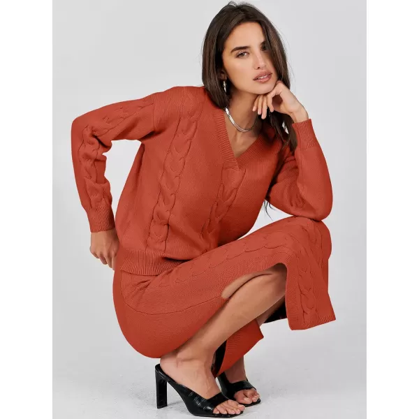 imageANRABESS Womens Casual Two Piece Outfits Long Sleeve Cable Knit Top and Bodycon Maxi Skirt Pullover Sweater SetsRust Red