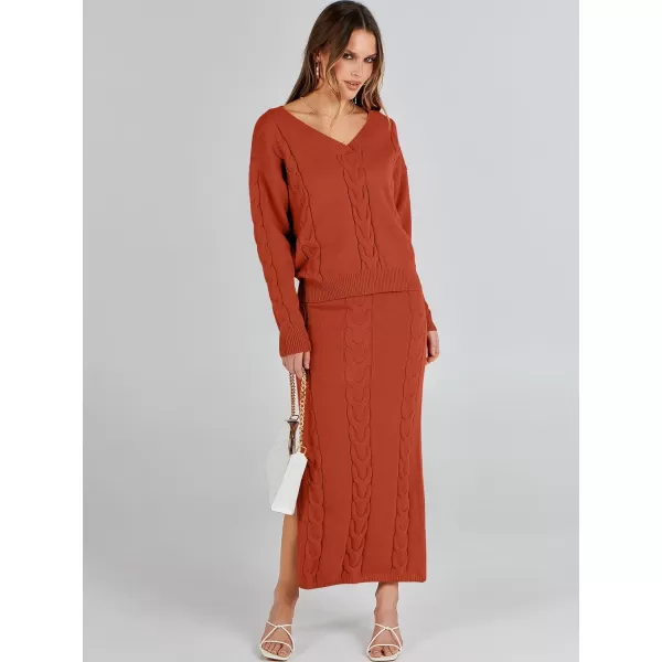 imageANRABESS Womens Casual Two Piece Outfits Long Sleeve Cable Knit Top and Bodycon Maxi Skirt Pullover Sweater SetsRust Red