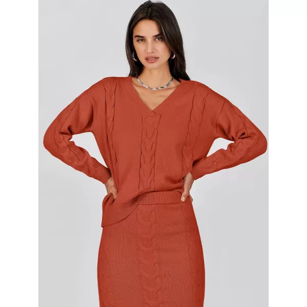 imageANRABESS Womens Casual Two Piece Outfits Long Sleeve Cable Knit Top and Bodycon Maxi Skirt Pullover Sweater SetsRust Red