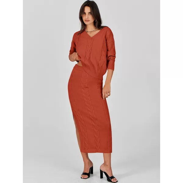 imageANRABESS Womens Casual Two Piece Outfits Long Sleeve Cable Knit Top and Bodycon Maxi Skirt Pullover Sweater SetsRust Red