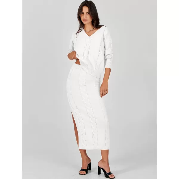 imageANRABESS Womens Casual Two Piece Outfits Long Sleeve Cable Knit Top and Bodycon Maxi Skirt Pullover Sweater SetsWhite