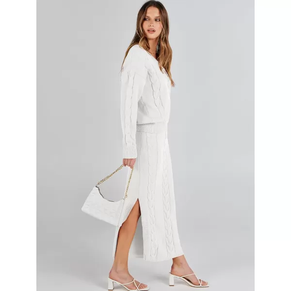 imageANRABESS Womens Casual Two Piece Outfits Long Sleeve Cable Knit Top and Bodycon Maxi Skirt Pullover Sweater SetsWhite