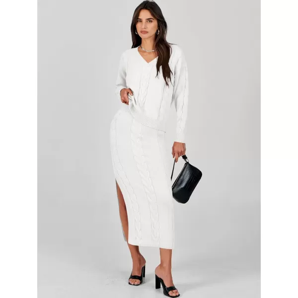 imageANRABESS Womens Casual Two Piece Outfits Long Sleeve Cable Knit Top and Bodycon Maxi Skirt Pullover Sweater SetsWhite