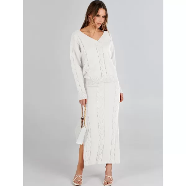 imageANRABESS Womens Casual Two Piece Outfits Long Sleeve Cable Knit Top and Bodycon Maxi Skirt Pullover Sweater SetsWhite