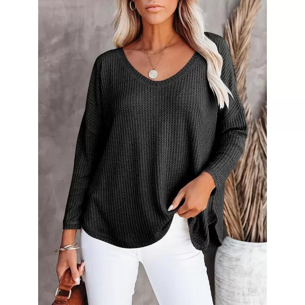 imageANRABESS Womens Causal Off Shoulder Waffle Knit Shirt VNeck Batwing Sleeve Pullover Curved Hem Tunic Tops00black