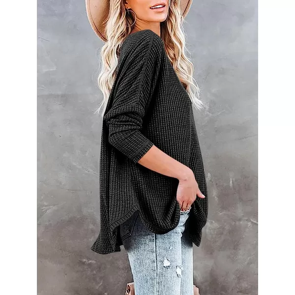 imageANRABESS Womens Causal Off Shoulder Waffle Knit Shirt VNeck Batwing Sleeve Pullover Curved Hem Tunic Tops00black
