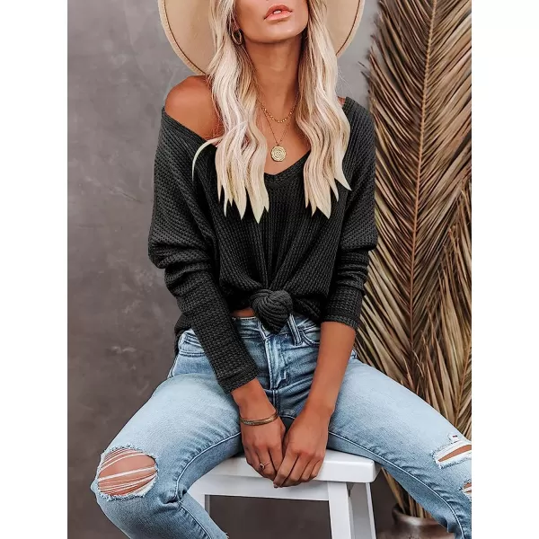 imageANRABESS Womens Causal Off Shoulder Waffle Knit Shirt VNeck Batwing Sleeve Pullover Curved Hem Tunic Tops00black