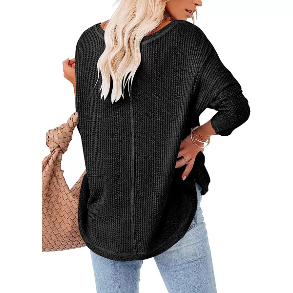 imageANRABESS Womens Causal Off Shoulder Waffle Knit Shirt VNeck Batwing Sleeve Pullover Curved Hem Tunic Tops00black