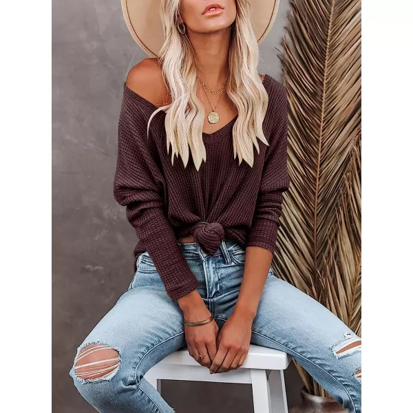 imageANRABESS Womens Causal Off Shoulder Waffle Knit Shirt VNeck Batwing Sleeve Pullover Curved Hem Tunic Tops01maroon