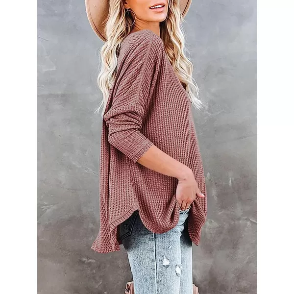 imageANRABESS Womens Causal Off Shoulder Waffle Knit Shirt VNeck Batwing Sleeve Pullover Curved Hem Tunic Tops02rust Red