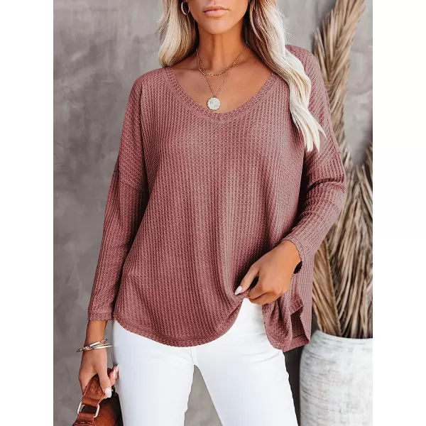 imageANRABESS Womens Causal Off Shoulder Waffle Knit Shirt VNeck Batwing Sleeve Pullover Curved Hem Tunic Tops02rust Red