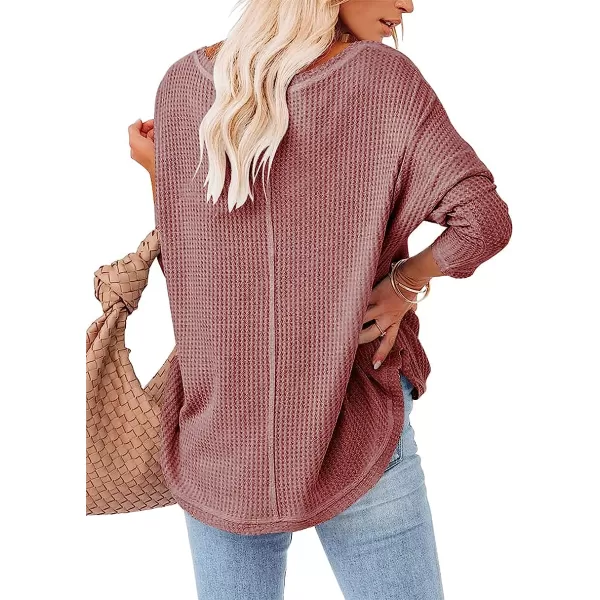 imageANRABESS Womens Causal Off Shoulder Waffle Knit Shirt VNeck Batwing Sleeve Pullover Curved Hem Tunic Tops02rust Red