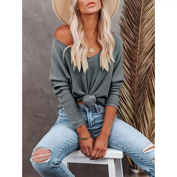 imageANRABESS Womens Causal Off Shoulder Waffle Knit Shirt VNeck Batwing Sleeve Pullover Curved Hem Tunic Tops03gray