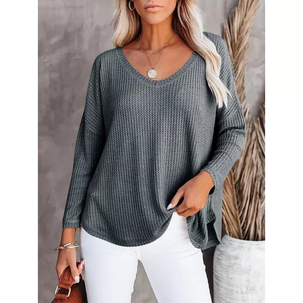 imageANRABESS Womens Causal Off Shoulder Waffle Knit Shirt VNeck Batwing Sleeve Pullover Curved Hem Tunic Tops03gray