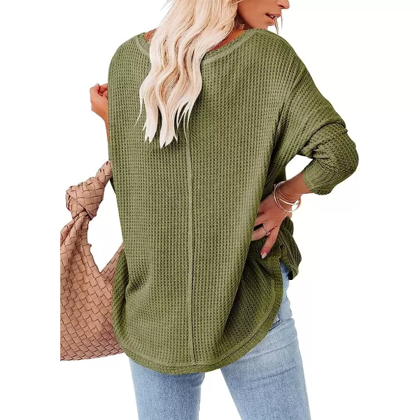 imageANRABESS Womens Causal Off Shoulder Waffle Knit Shirt VNeck Batwing Sleeve Pullover Curved Hem Tunic Tops05army Green