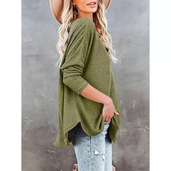 imageANRABESS Womens Causal Off Shoulder Waffle Knit Shirt VNeck Batwing Sleeve Pullover Curved Hem Tunic Tops05army Green