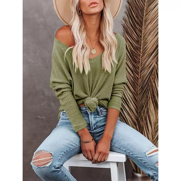 imageANRABESS Womens Causal Off Shoulder Waffle Knit Shirt VNeck Batwing Sleeve Pullover Curved Hem Tunic Tops05army Green
