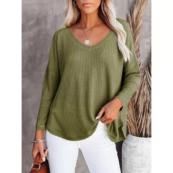 imageANRABESS Womens Causal Off Shoulder Waffle Knit Shirt VNeck Batwing Sleeve Pullover Curved Hem Tunic Tops05army Green