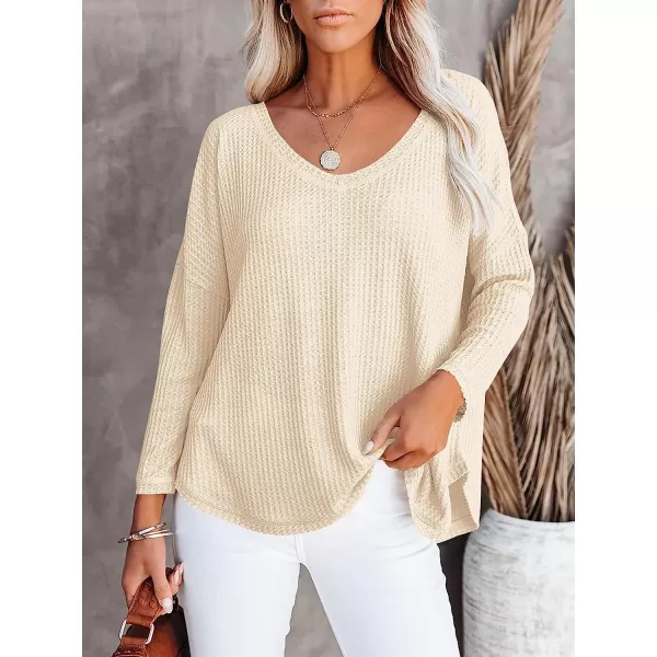 imageANRABESS Womens Causal Off Shoulder Waffle Knit Shirt VNeck Batwing Sleeve Pullover Curved Hem Tunic Tops08apricot