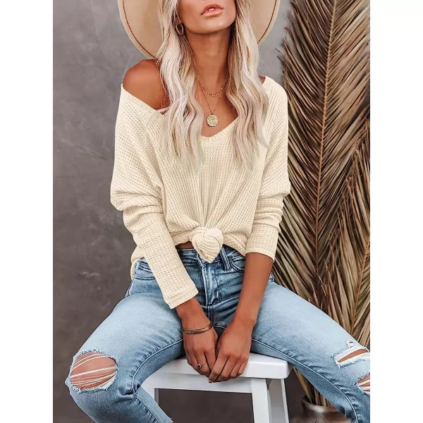 imageANRABESS Womens Causal Off Shoulder Waffle Knit Shirt VNeck Batwing Sleeve Pullover Curved Hem Tunic Tops08apricot