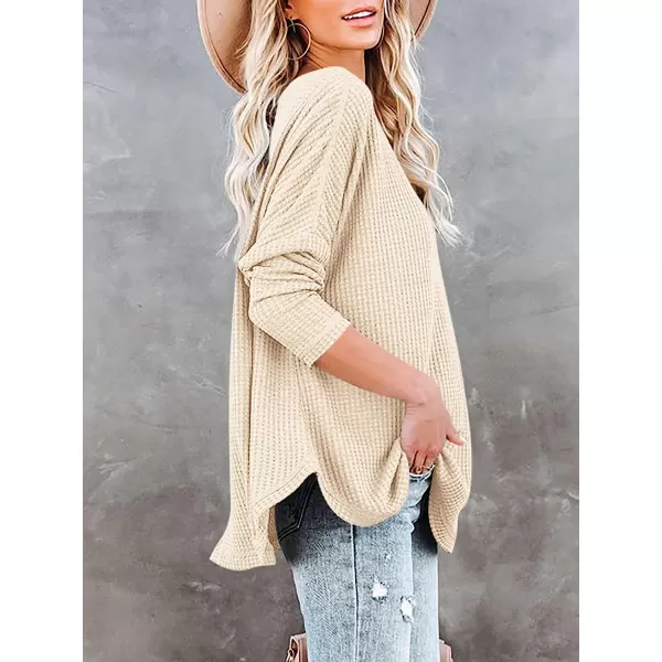 imageANRABESS Womens Causal Off Shoulder Waffle Knit Shirt VNeck Batwing Sleeve Pullover Curved Hem Tunic Tops08apricot