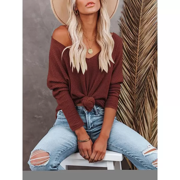 imageANRABESS Womens Causal Off Shoulder Waffle Knit Shirt VNeck Batwing Sleeve Pullover Curved Hem Tunic Tops10brick Red