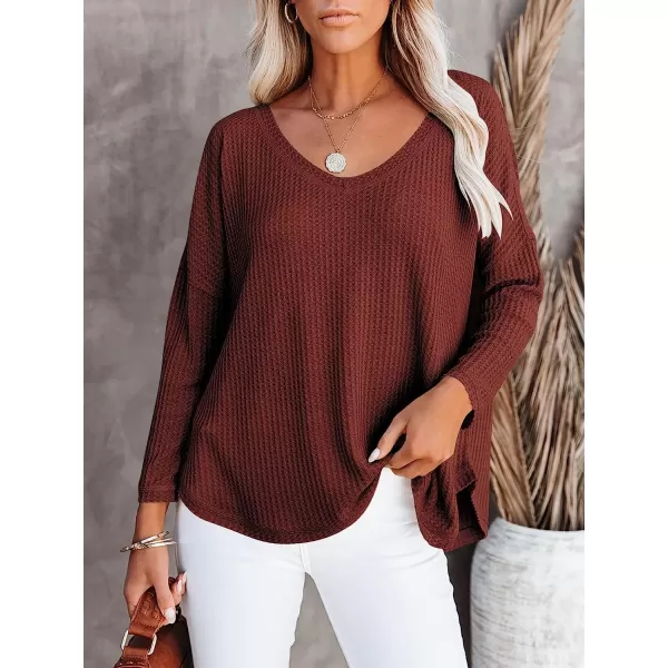 imageANRABESS Womens Causal Off Shoulder Waffle Knit Shirt VNeck Batwing Sleeve Pullover Curved Hem Tunic Tops10brick Red